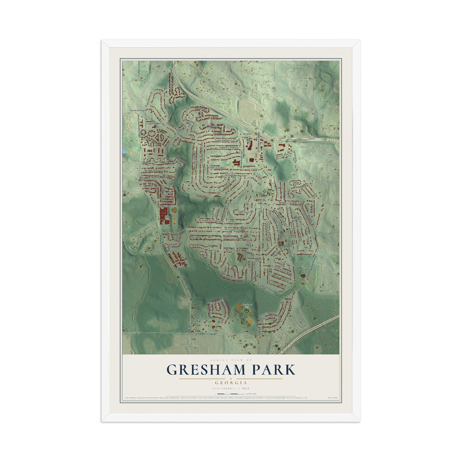 Gresham Park, Georgia map print, 12" x 18" W/ White Ayous Wood Frame mockup