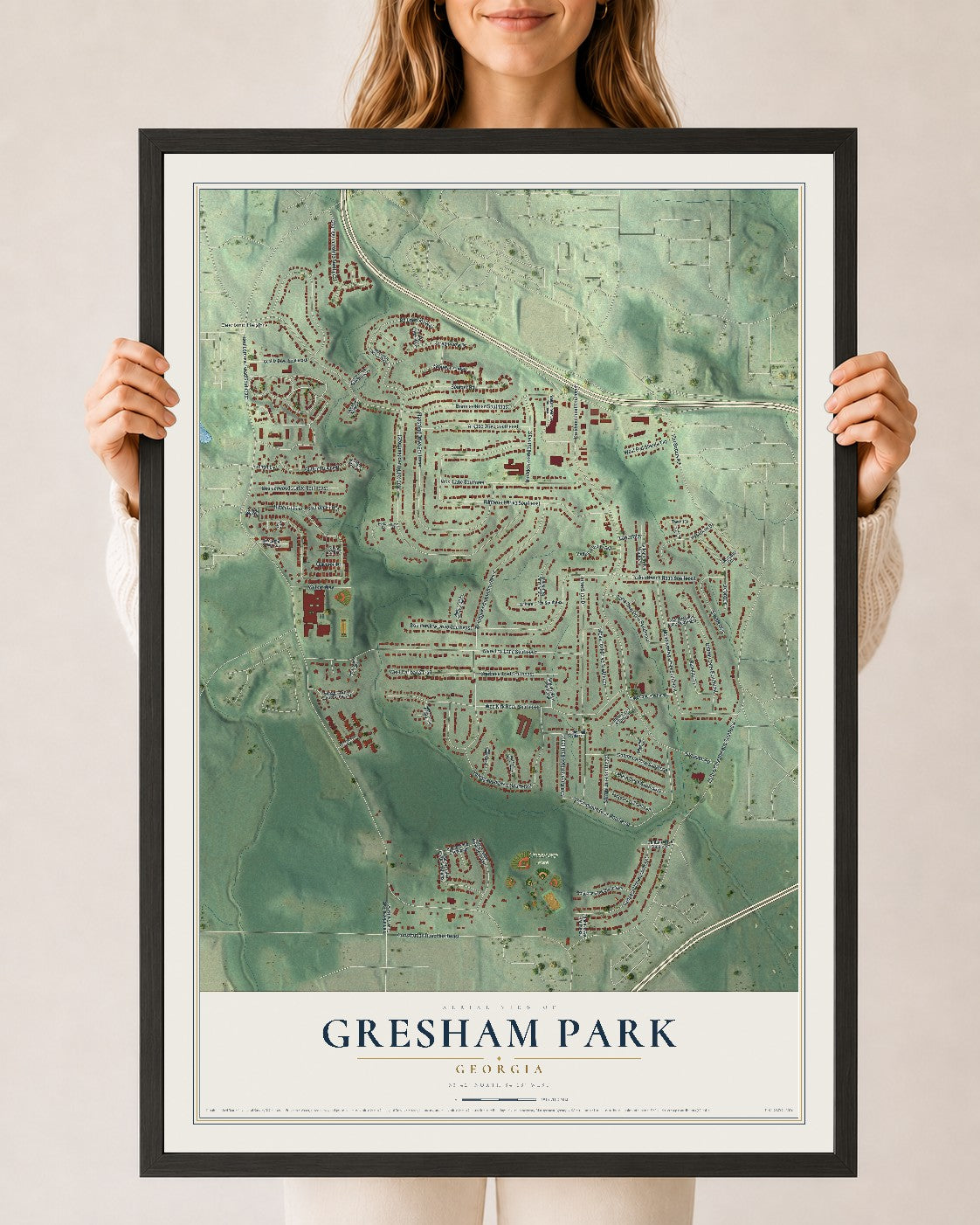 Gresham Park, Georgia map print, 24" x 36" W/ Black Ayous Wood Frame mockup