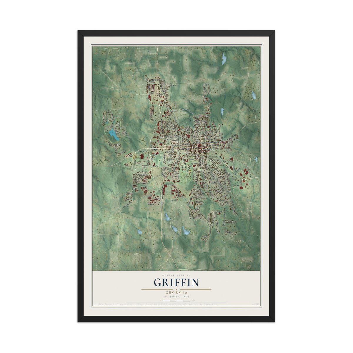 Griffin, Georgia map print, 12" x 18" W/ Black Ayous Wood Frame mockup
