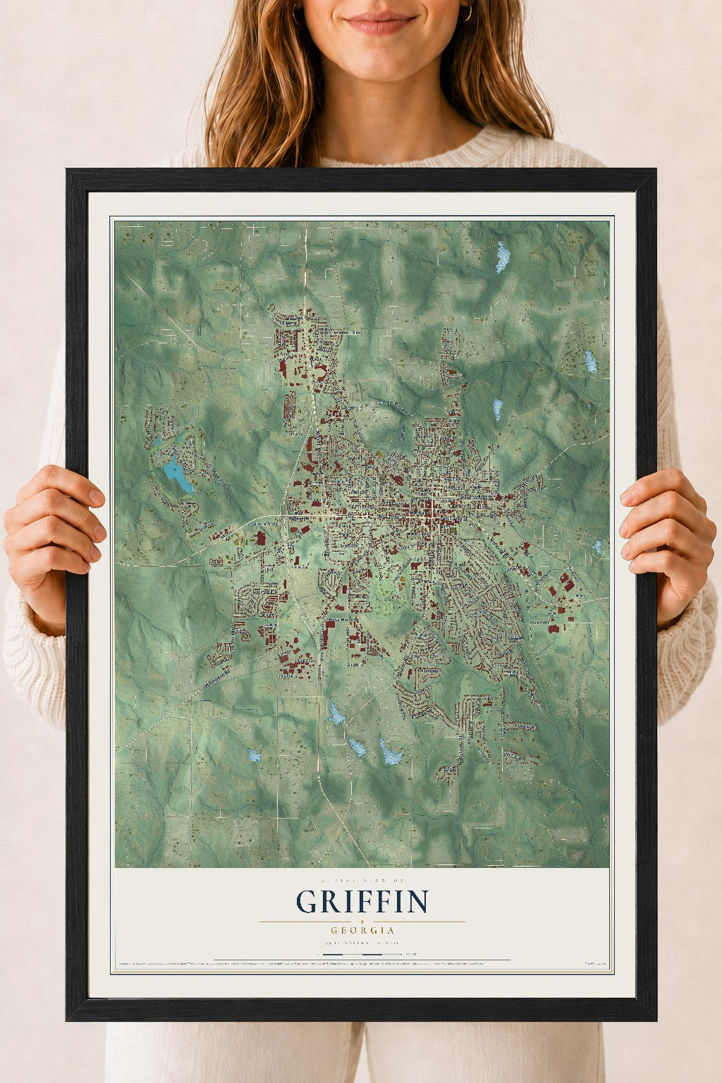 Griffin, Georgia map print, 18" x 24" W/ Black Ayous Wood Frame mockup