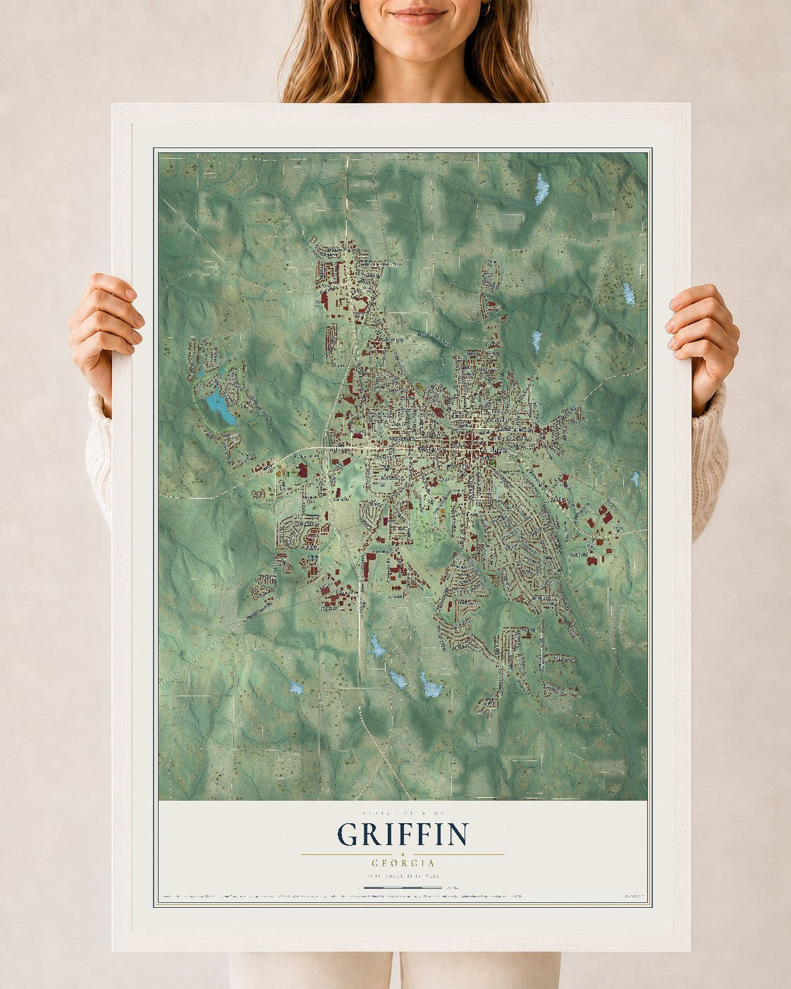 Griffin, Georgia map print, 24" x 36" W/ White Ayous Wood Frame mockup