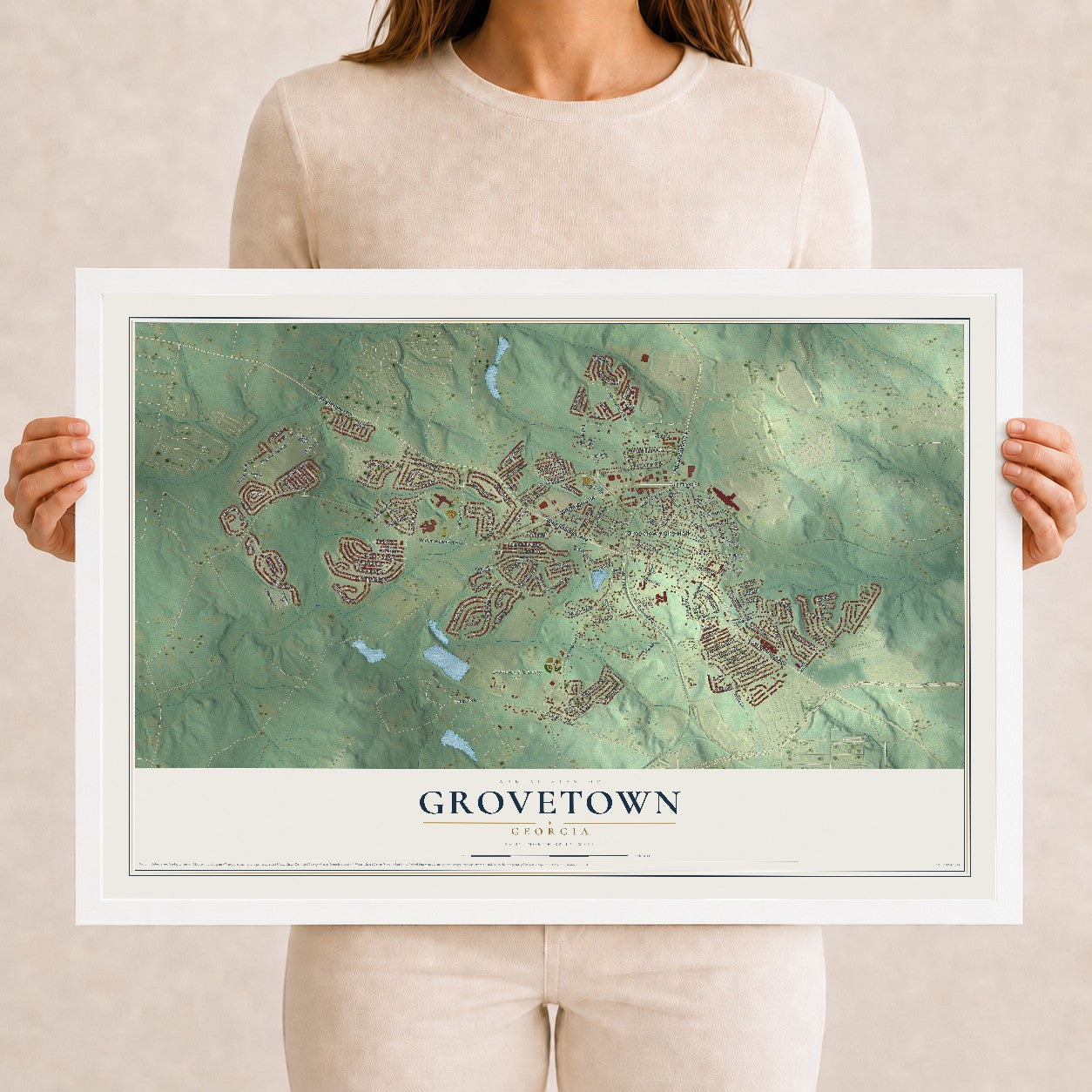 Grovetown, Georgia map print, 12" x 18" W/ White Ayous Wood Frame mockup
