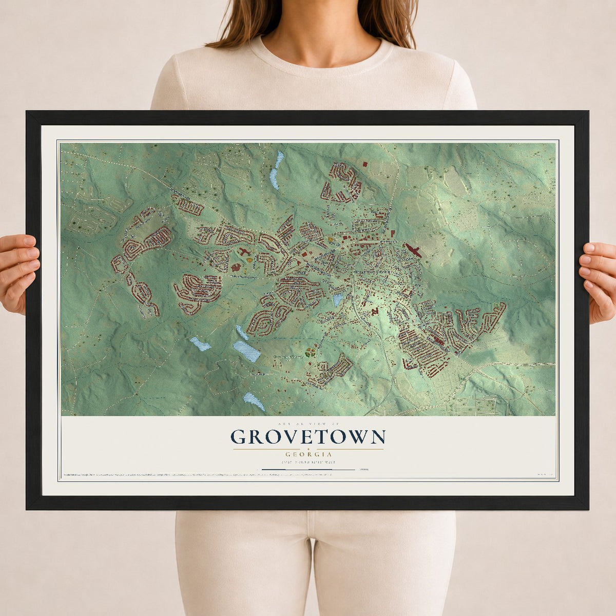 Grovetown, Georgia map print, 18" x 24" W/ Black Ayous Wood Frame mockup
