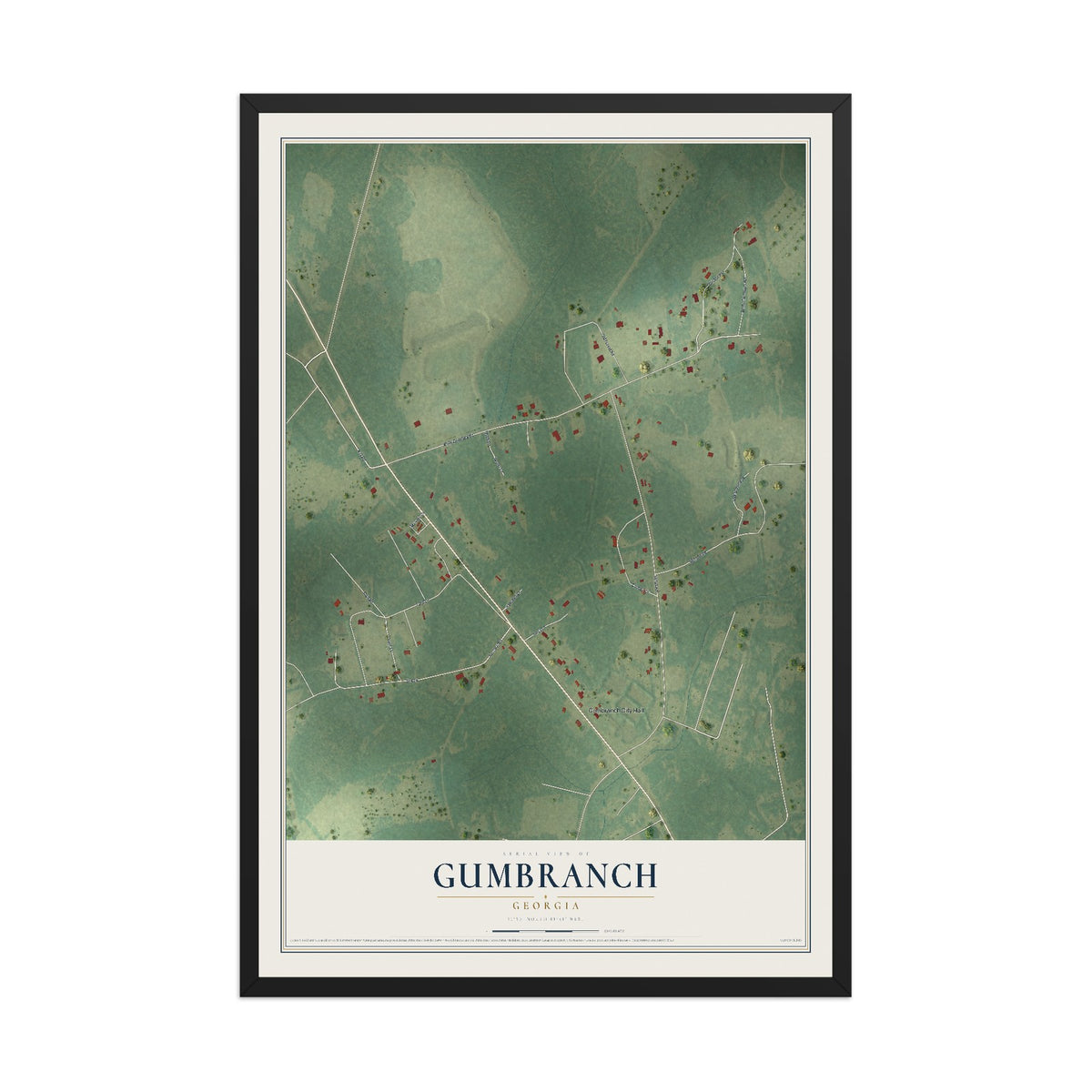 Gumbranch, Georgia map print, 12" x 18" W/ Black Ayous Wood Frame mockup