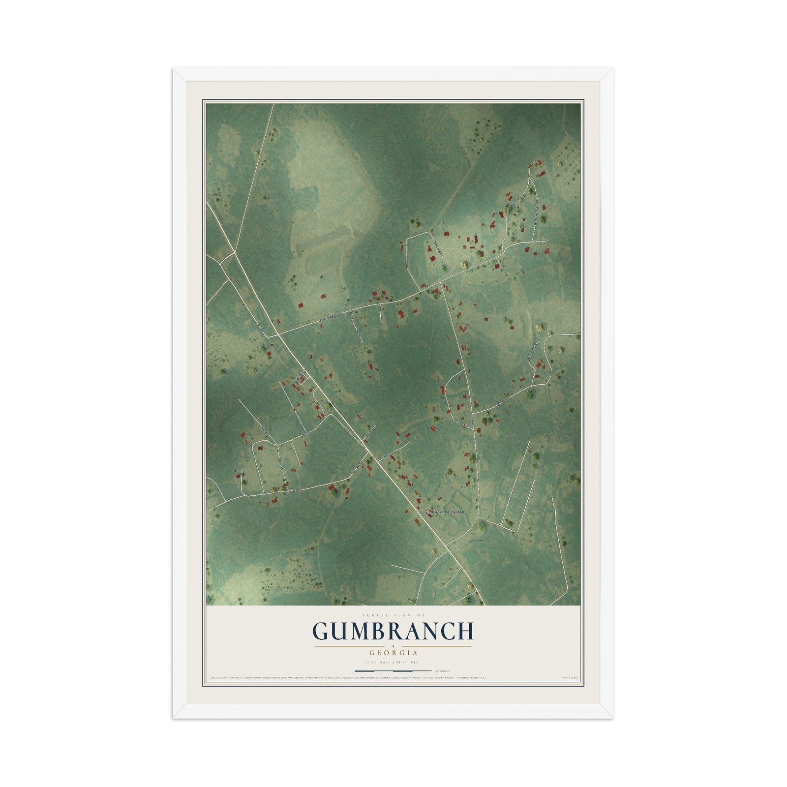 Gumbranch, Georgia map print, 12" x 18" W/ White Ayous Wood Frame mockup