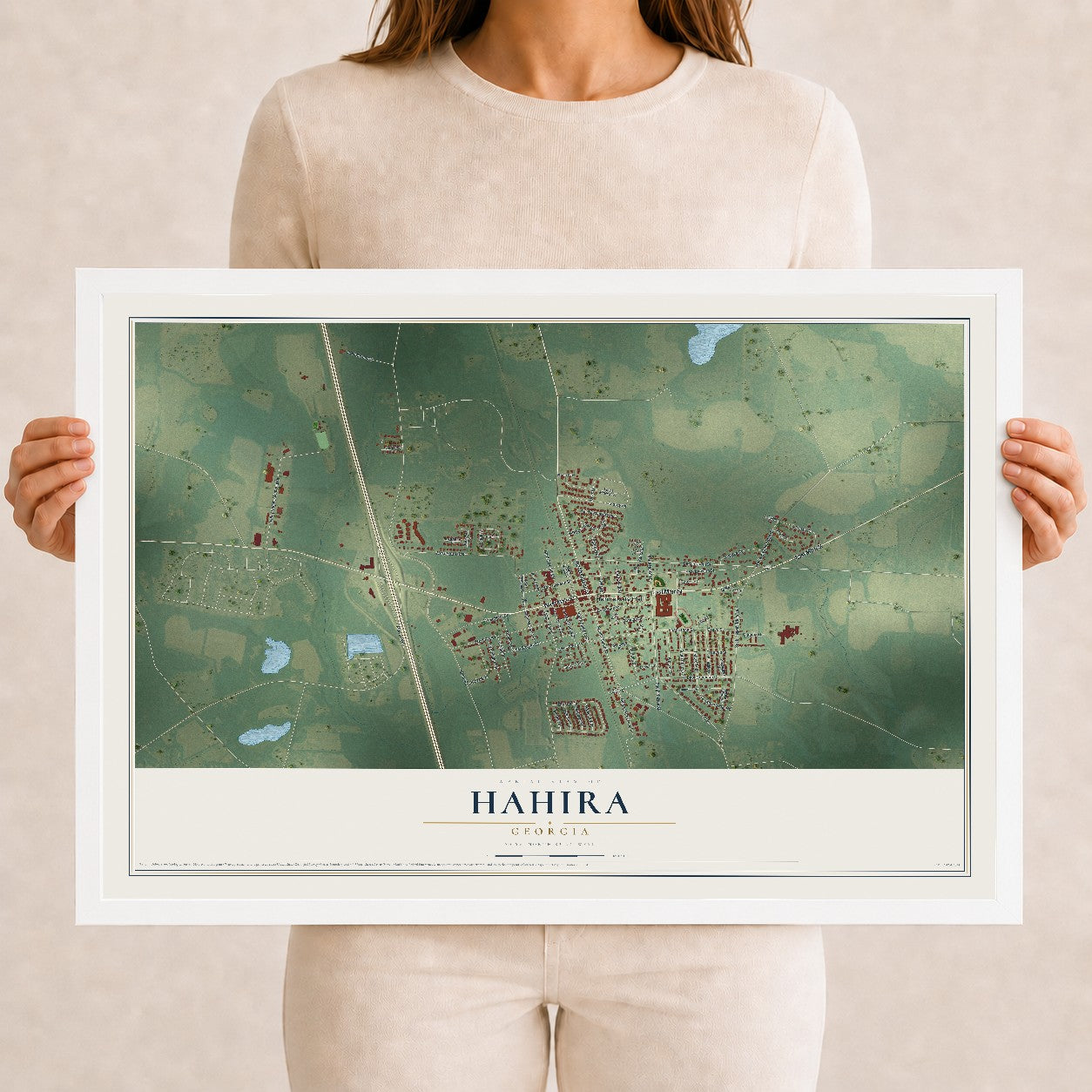 Hahira, Georgia map print, 12" x 18" W/ White Ayous Wood Frame mockup