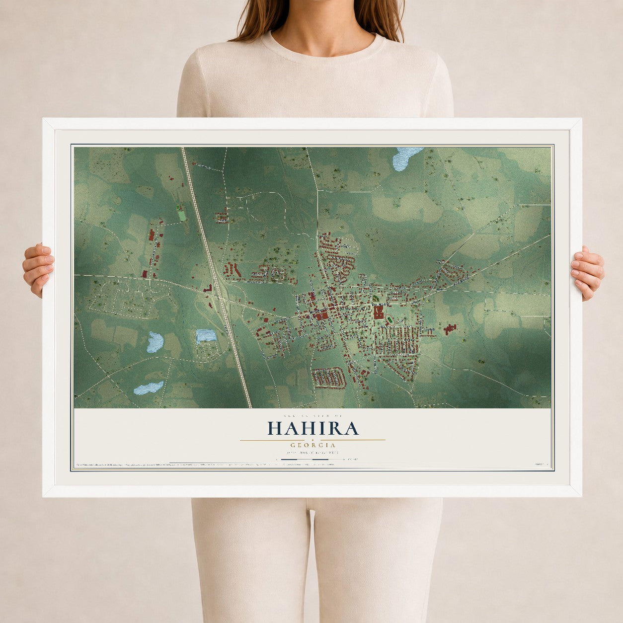 Hahira, Georgia map print, 24" x 36" W/ White Ayous Wood Frame mockup