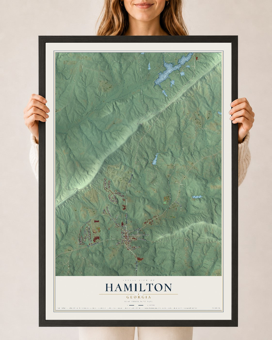 Hamilton, Georgia map print, 24" x 36" W/ Black Ayous Wood Frame mockup