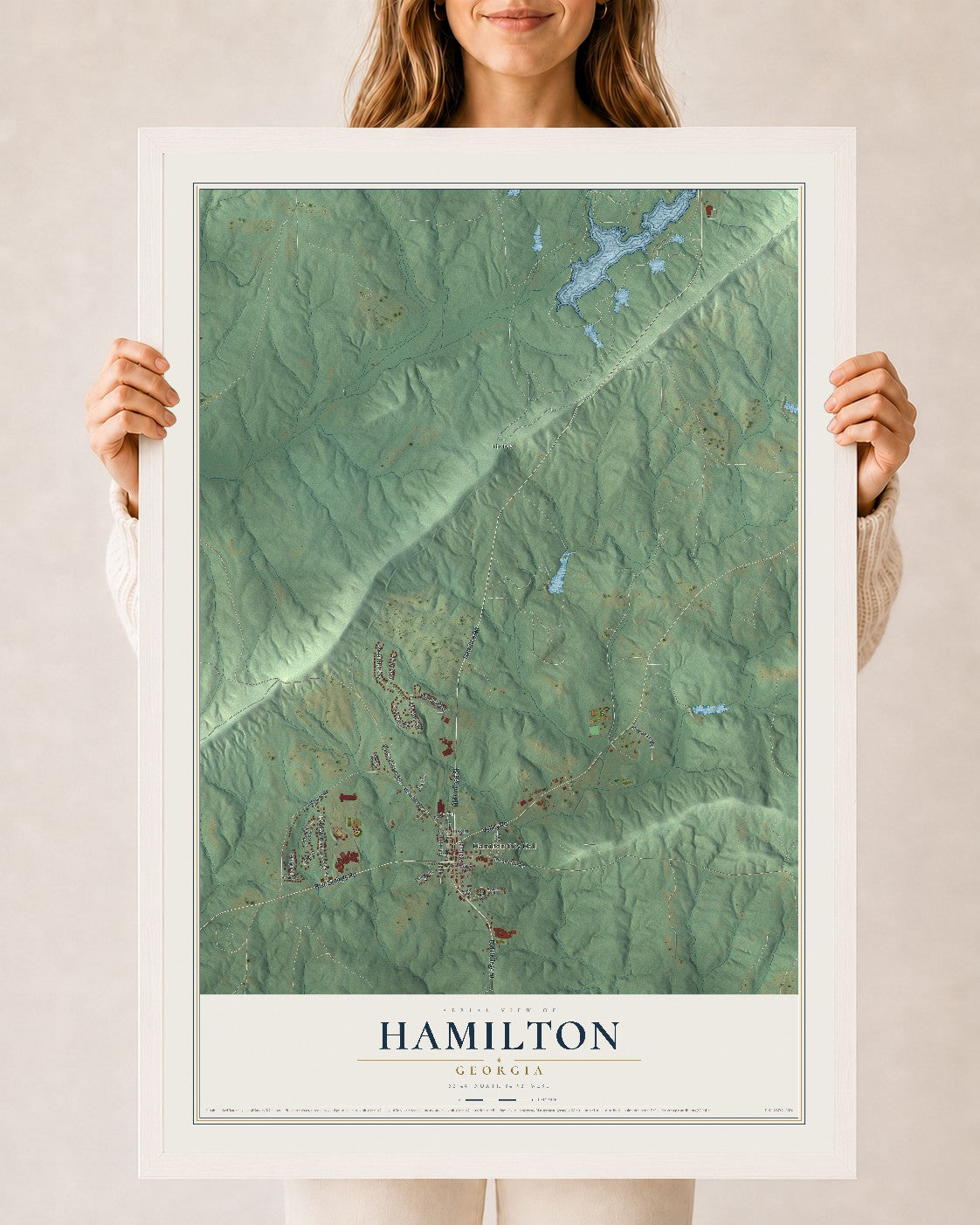 Hamilton, Georgia map print, 24" x 36" W/ White Ayous Wood Frame mockup