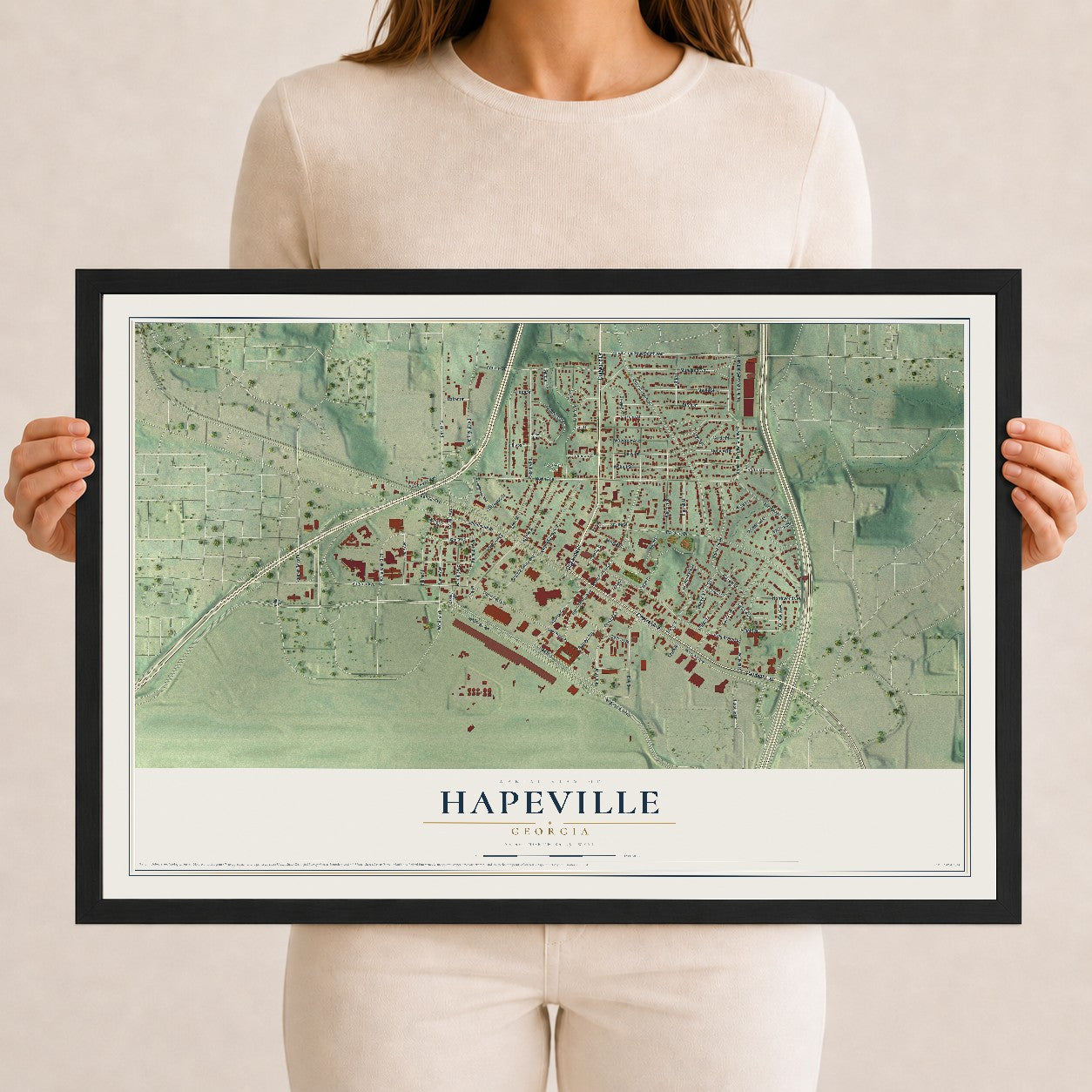 Hapeville, Georgia map print, 12" x 18" W/ Black Ayous Wood Frame mockup