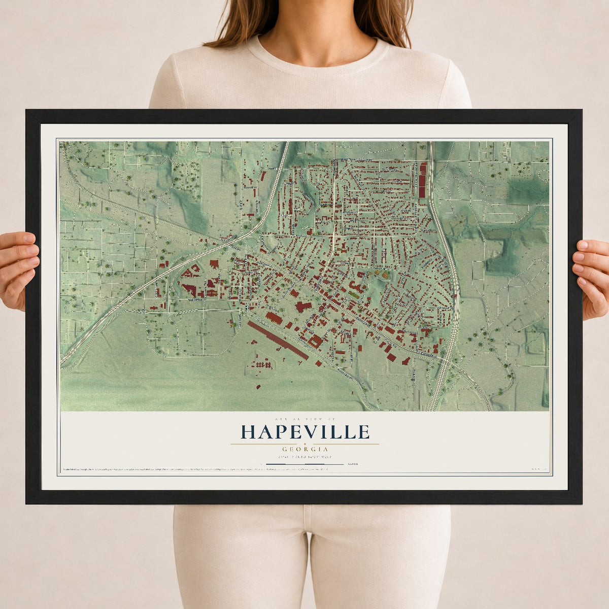 Hapeville, Georgia map print, 18" x 24" W/ Black Ayous Wood Frame mockup