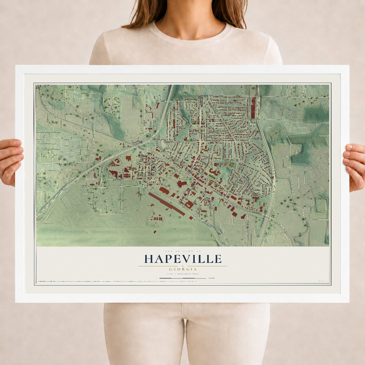 Hapeville, Georgia map print, 18" x 24" W/ White Ayous Wood Frame mockup