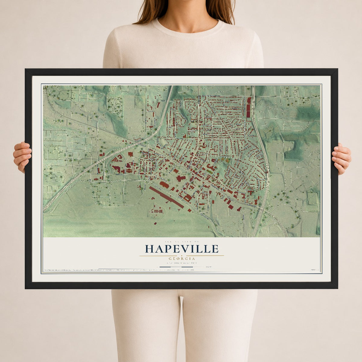 Hapeville, Georgia map print, 24" x 36" W/ Black Ayous Wood Frame mockup