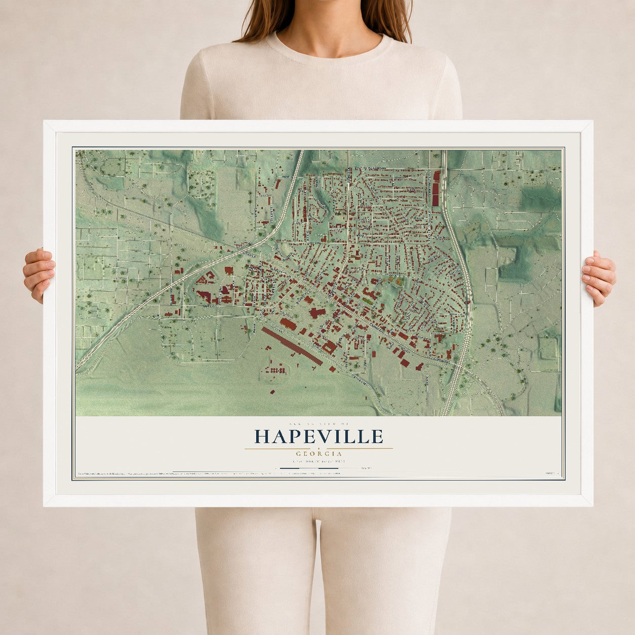 Hapeville, Georgia map print, 24" x 36" W/ White Ayous Wood Frame mockup