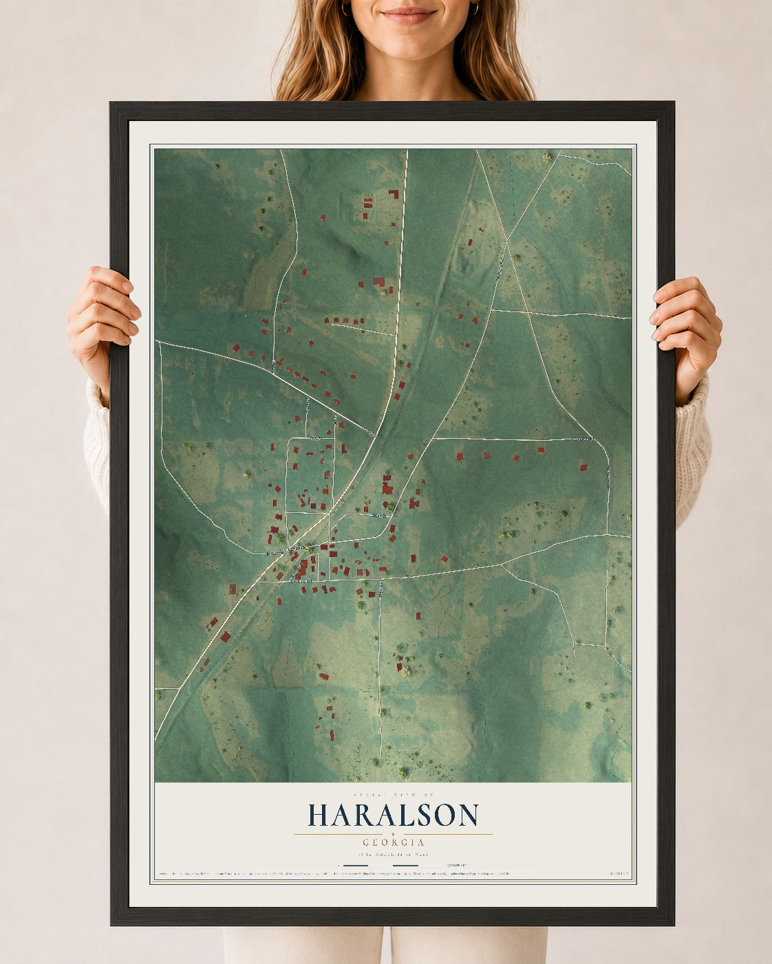Haralson, Georgia map print, 24" x 36" W/ Black Ayous Wood Frame mockup