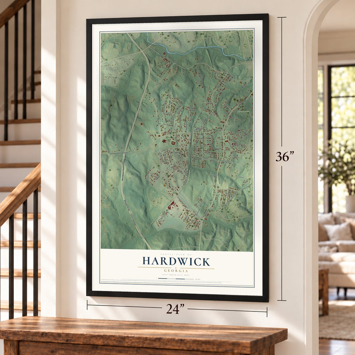 Hardwick, Georgia map, 24 x 36 inch print in a black frame by a staircase