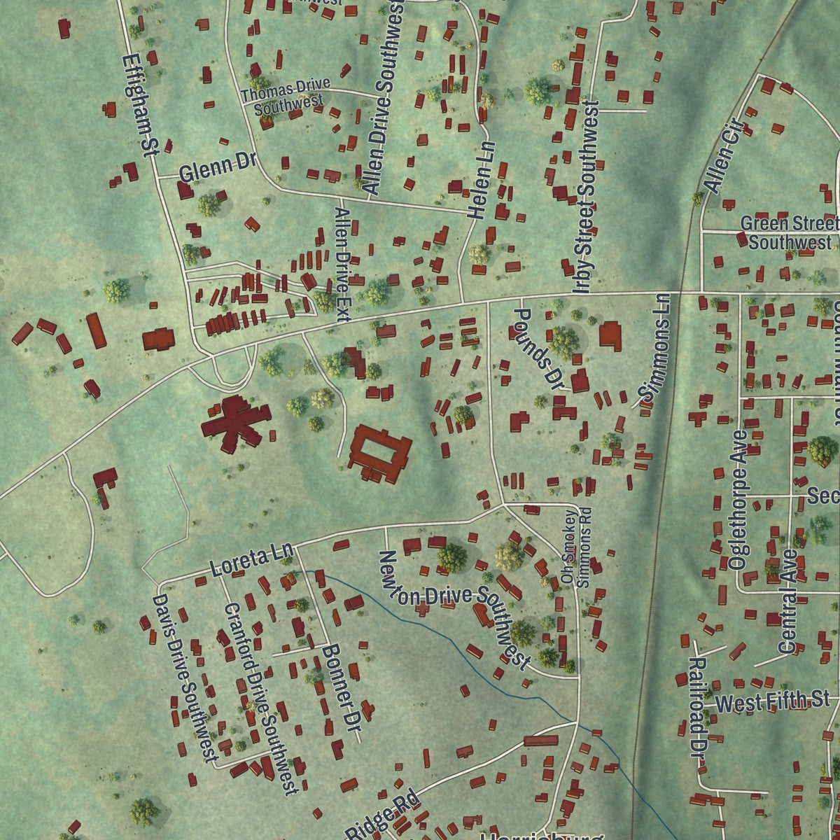 Close-up of the map of Hardwick, Georgia print showing street and building detail
