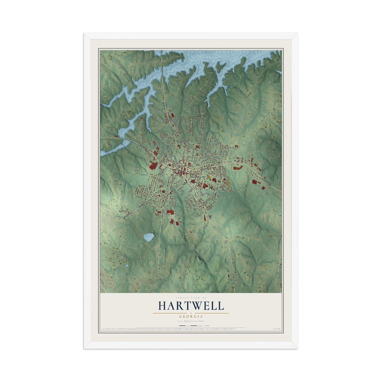 Hartwell, Georgia map print, 12" x 18" W/ White Ayous Wood Frame mockup