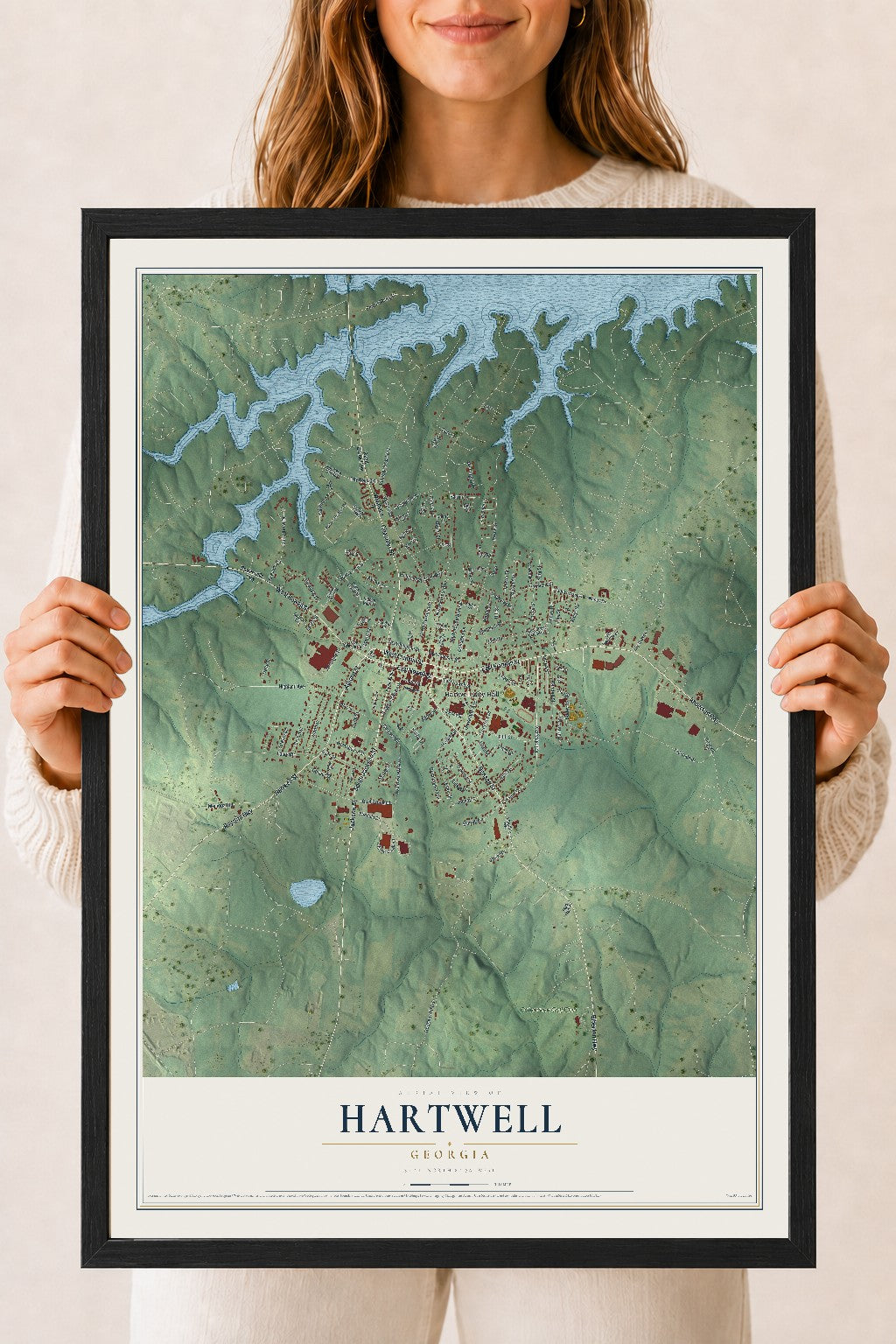 Hartwell, Georgia map print, 18" x 24" W/ Black Ayous Wood Frame mockup