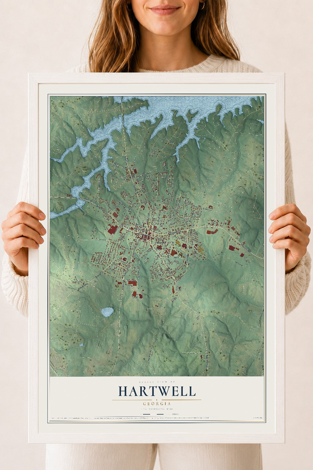 Hartwell, Georgia map print, 18" x 24" W/ White Ayous Wood Frame mockup