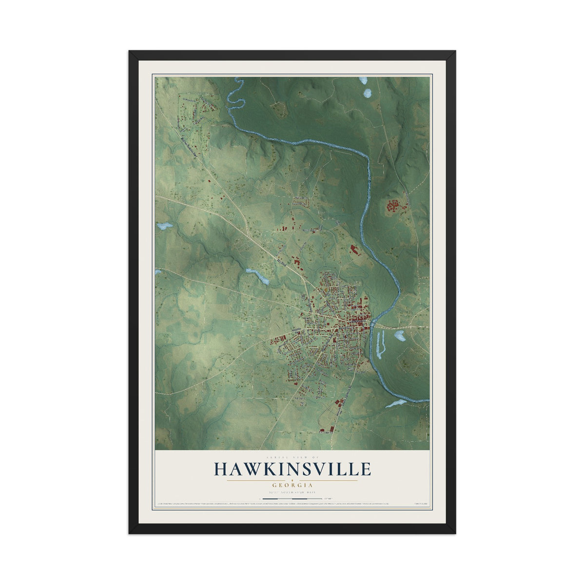 Hawkinsville, Georgia map print, 12" x 18" W/ Black Ayous Wood Frame mockup