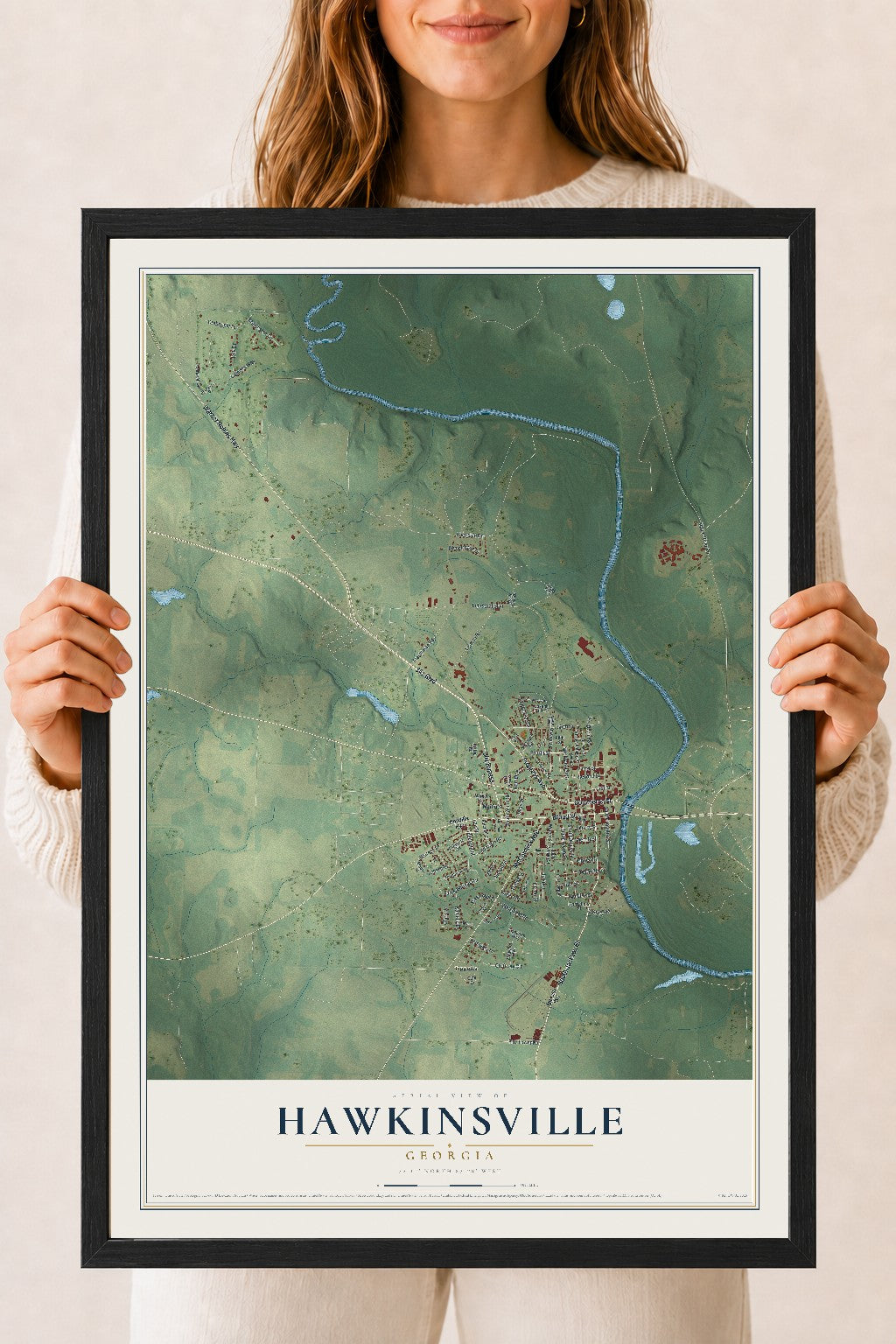 Hawkinsville, Georgia map print, 18" x 24" W/ Black Ayous Wood Frame mockup