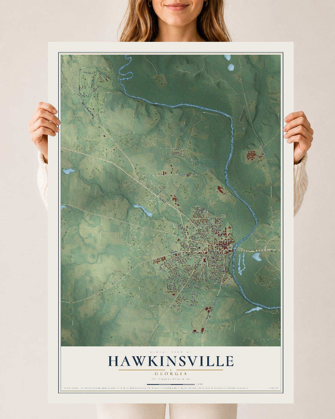 Hawkinsville, Georgia map print, 24" x 36" Archival Matte Print mockup