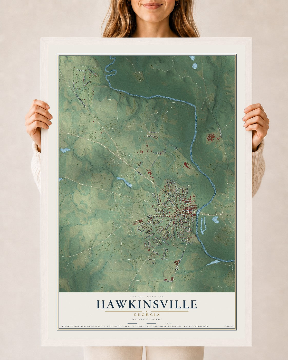 Hawkinsville, Georgia map print, 24" x 36" W/ White Ayous Wood Frame mockup