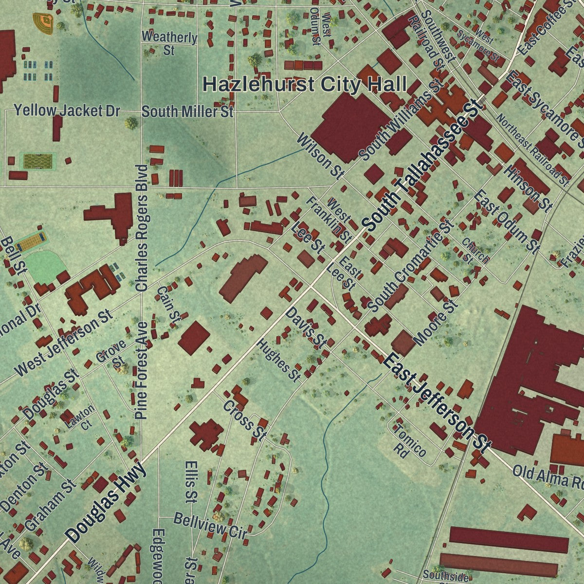 Close-up 1 of the Hazlehurst, Georgia map artwork