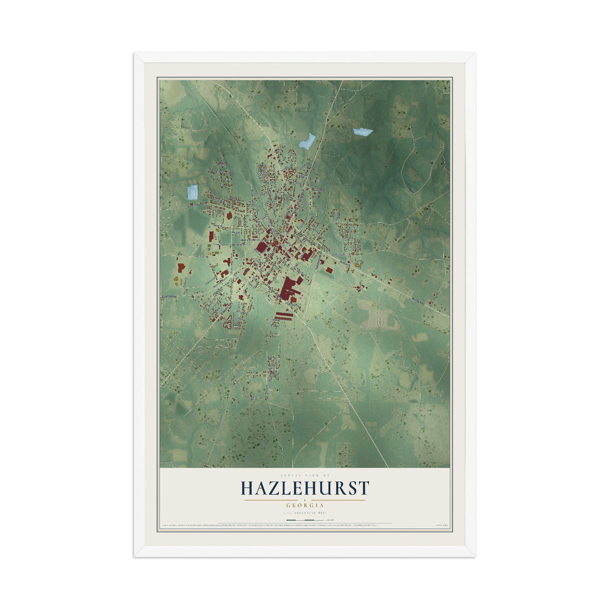 Hazlehurst, Georgia map print, 12" x 18" W/ White Ayous Wood Frame mockup