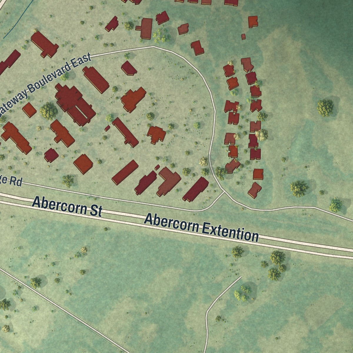 Close-up of the map of Henderson, Georgia print showing street and building detail
