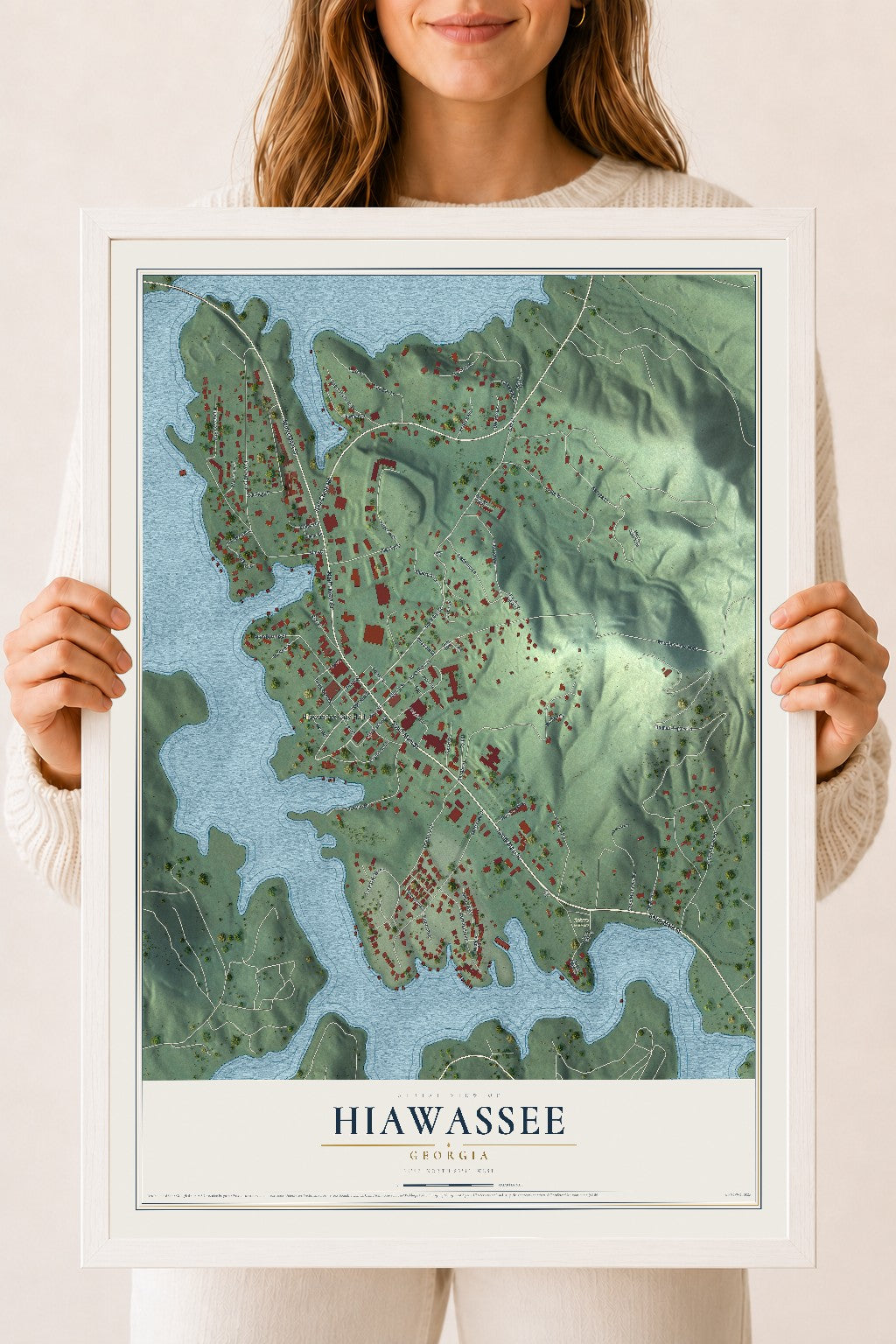 Hiawassee, Georgia map print, 18" x 24" W/ White Ayous Wood Frame mockup