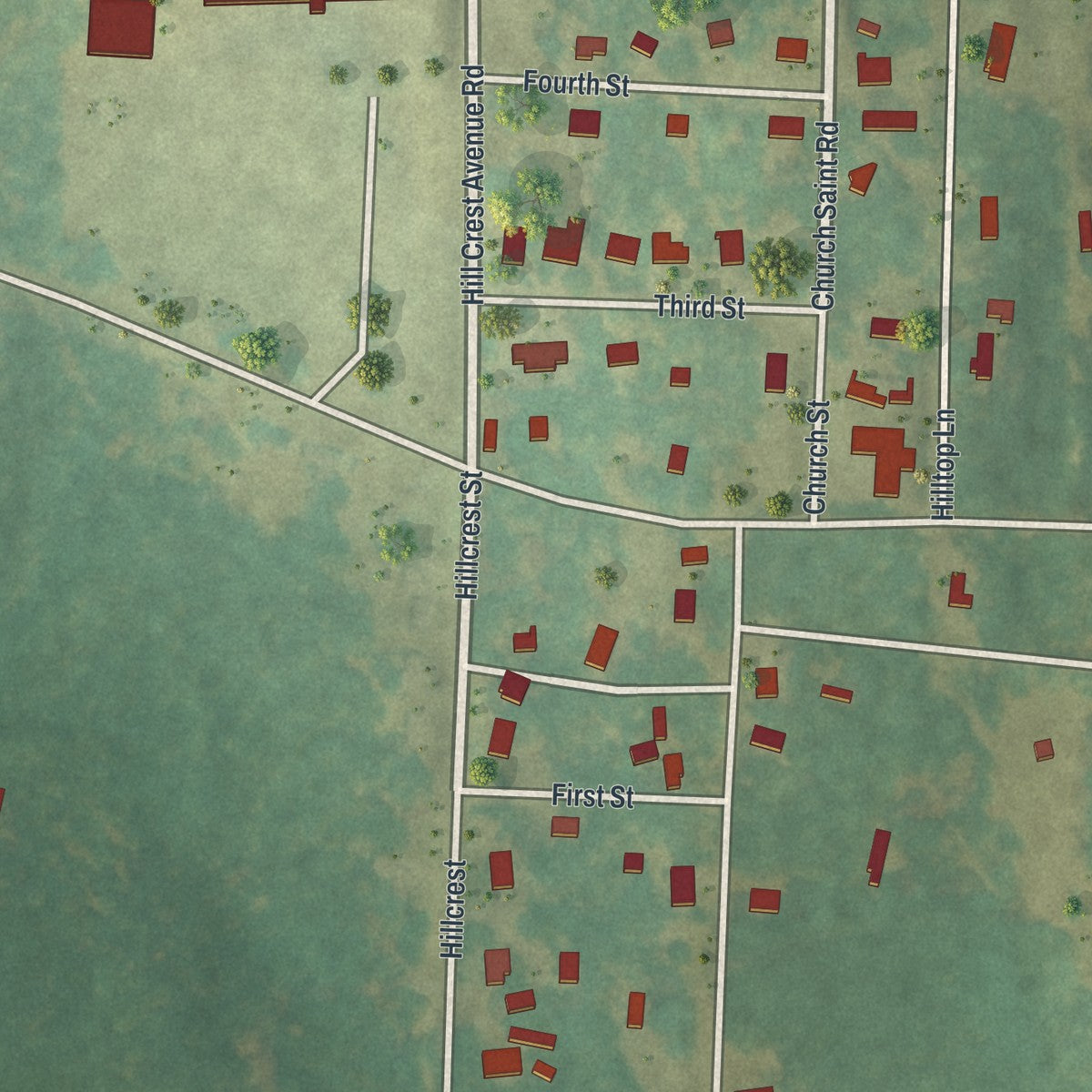 Close-up of the map of Hilltop, Georgia print showing street and building detail