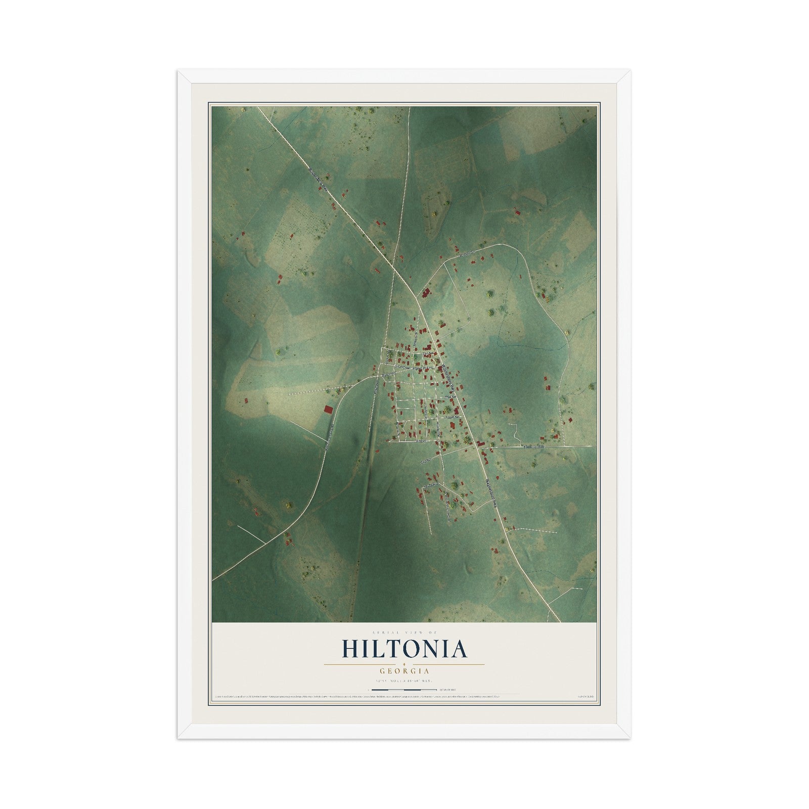Hiltonia, Georgia map print, 12" x 18" W/ White Ayous Wood Frame mockup