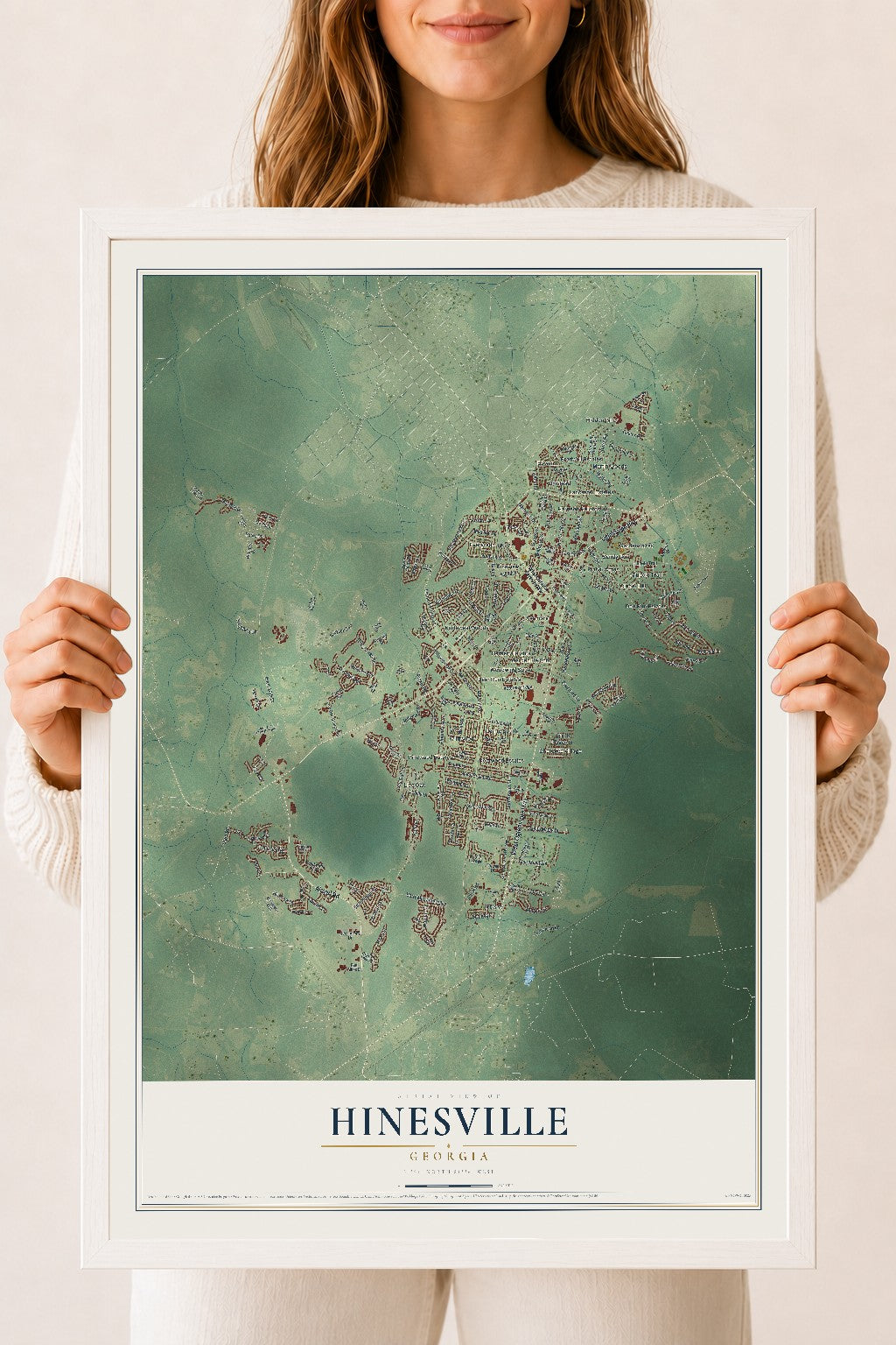 Hinesville, Georgia map print, 18" x 24" W/ White Ayous Wood Frame mockup