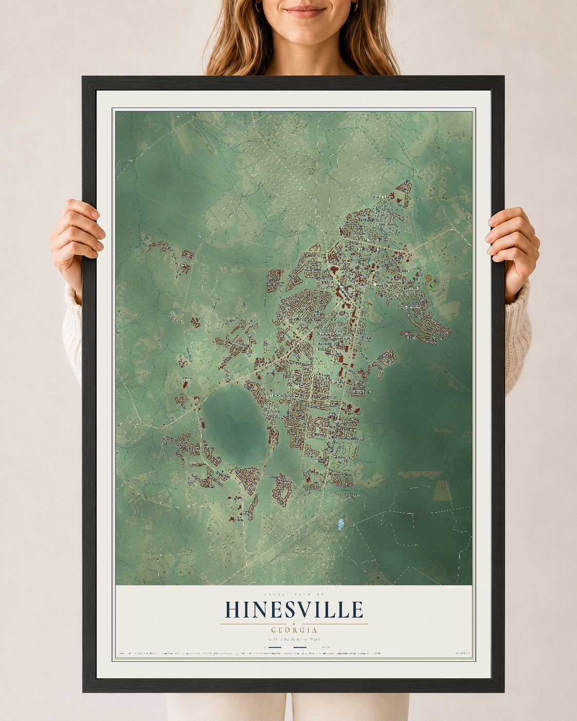 Hinesville, Georgia map print, 24" x 36" W/ Black Ayous Wood Frame mockup