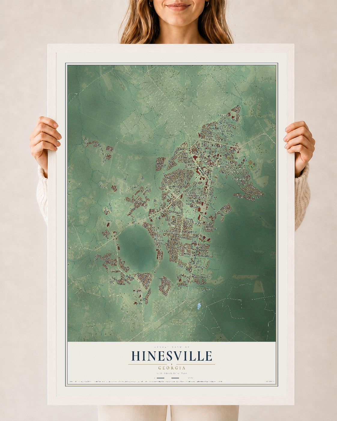 Hinesville, Georgia map print, 24" x 36" W/ White Ayous Wood Frame mockup