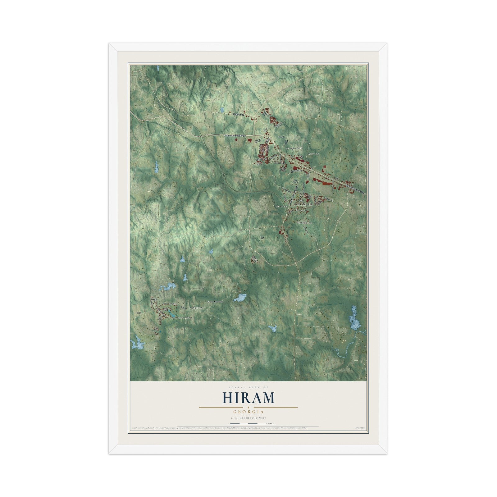 Hiram, Georgia map print, 12" x 18" W/ White Ayous Wood Frame mockup
