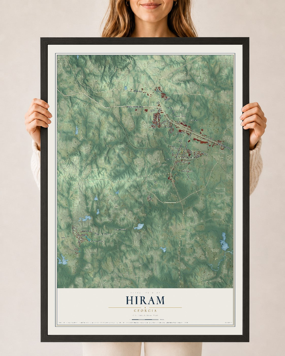 Hiram, Georgia map print, 24" x 36" W/ Black Ayous Wood Frame mockup
