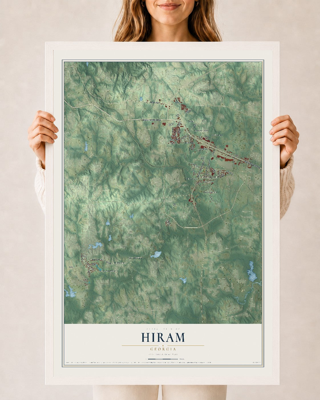 Hiram, Georgia map print, 24" x 36" W/ White Ayous Wood Frame mockup