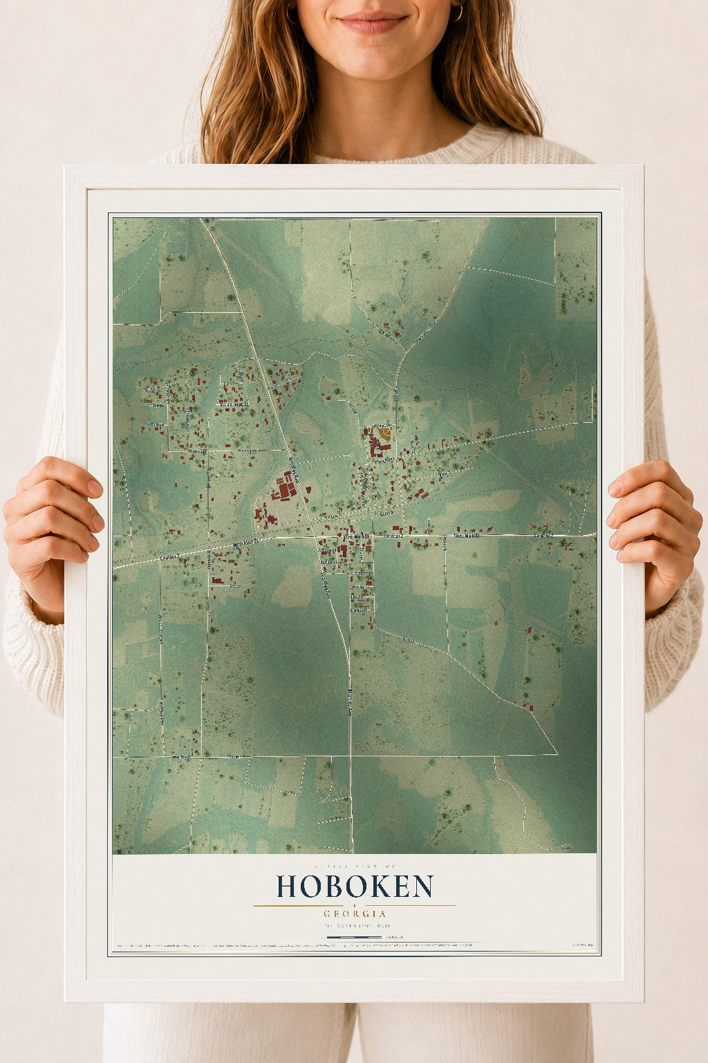 Hoboken, Georgia map print, 18" x 24" W/ White Ayous Wood Frame mockup
