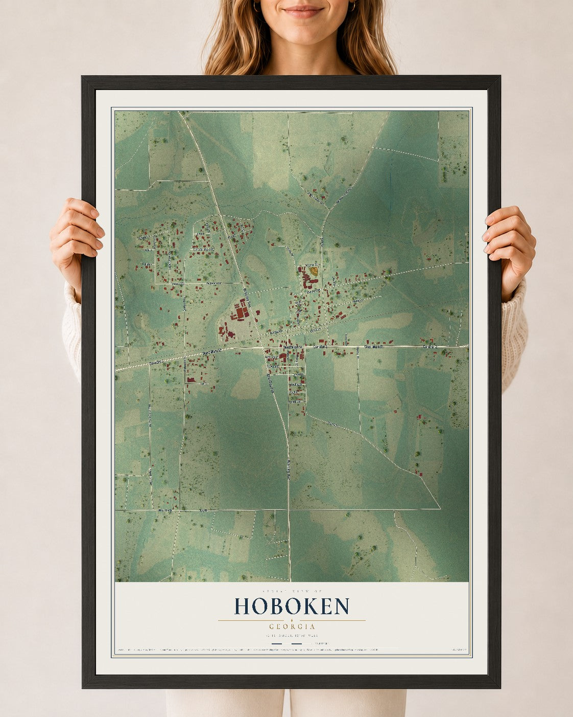 Hoboken, Georgia map print, 24" x 36" W/ Black Ayous Wood Frame mockup