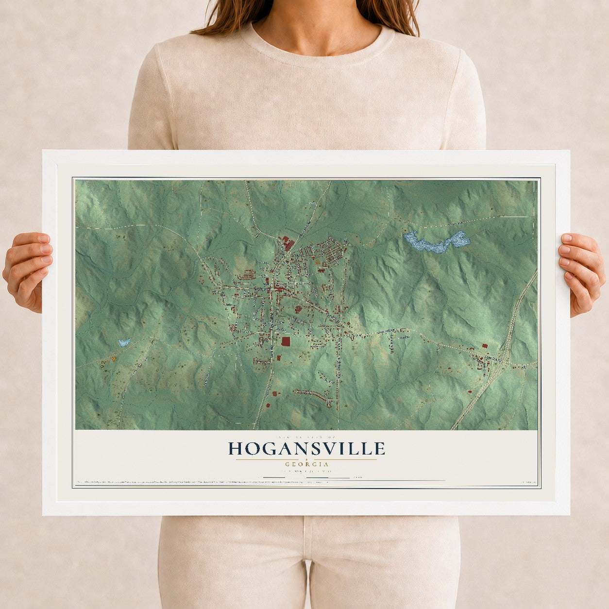 Hogansville, Georgia map print, 12" x 18" W/ White Ayous Wood Frame mockup