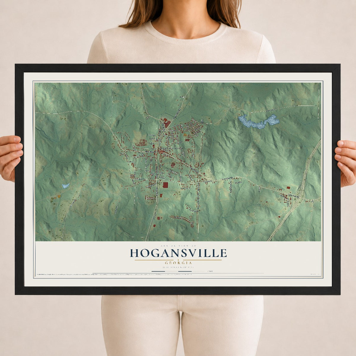 Hogansville, Georgia map print, 18" x 24" W/ Black Ayous Wood Frame mockup