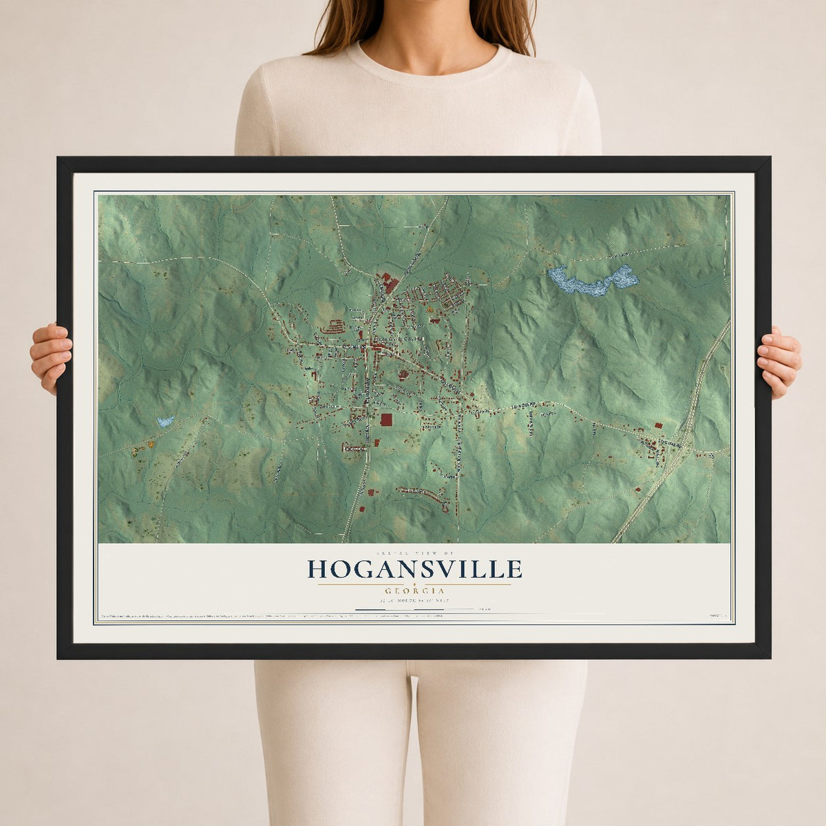 Hogansville, Georgia map print, 24" x 36" W/ Black Ayous Wood Frame mockup