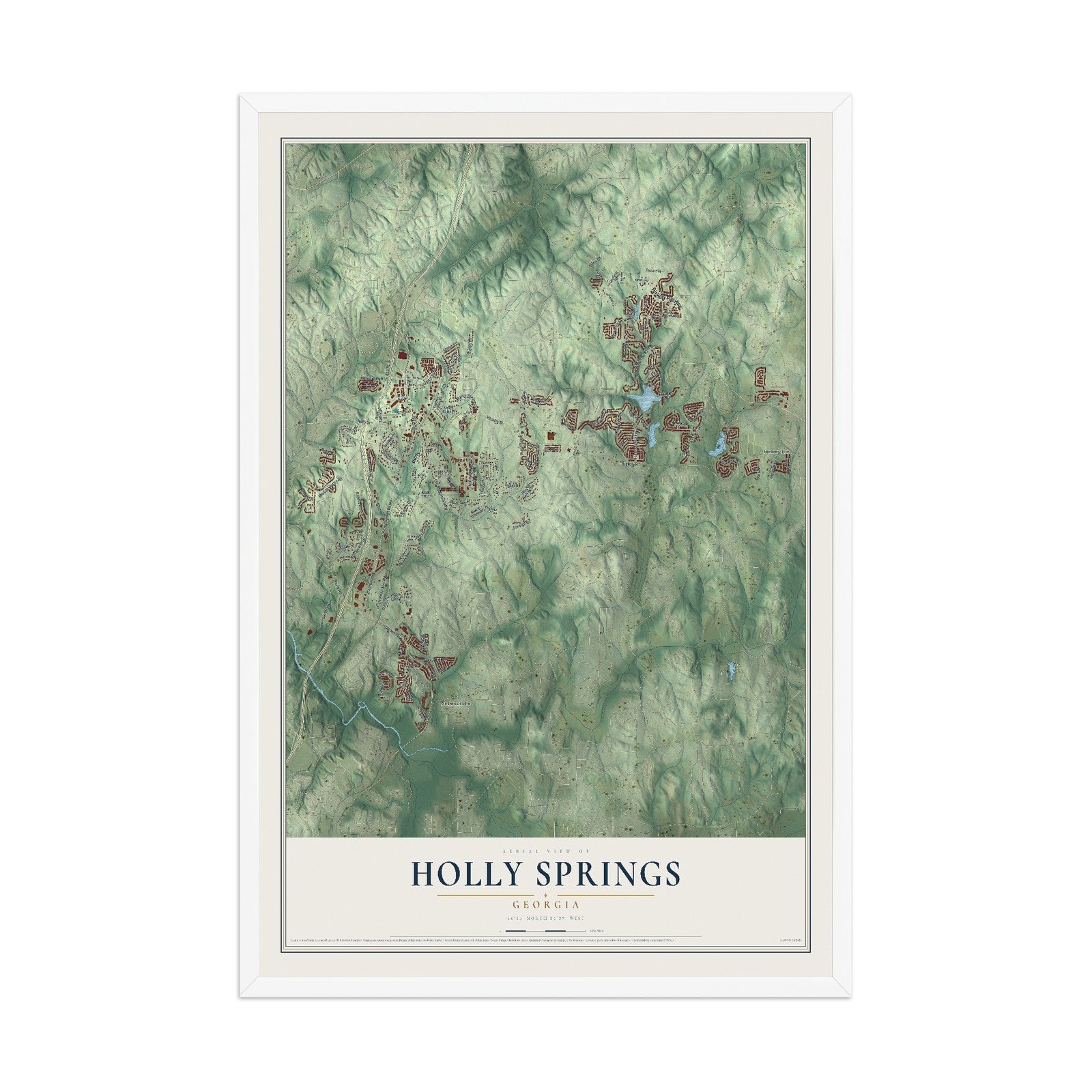 Holly Springs, Georgia map print, 12" x 18" W/ White Ayous Wood Frame mockup
