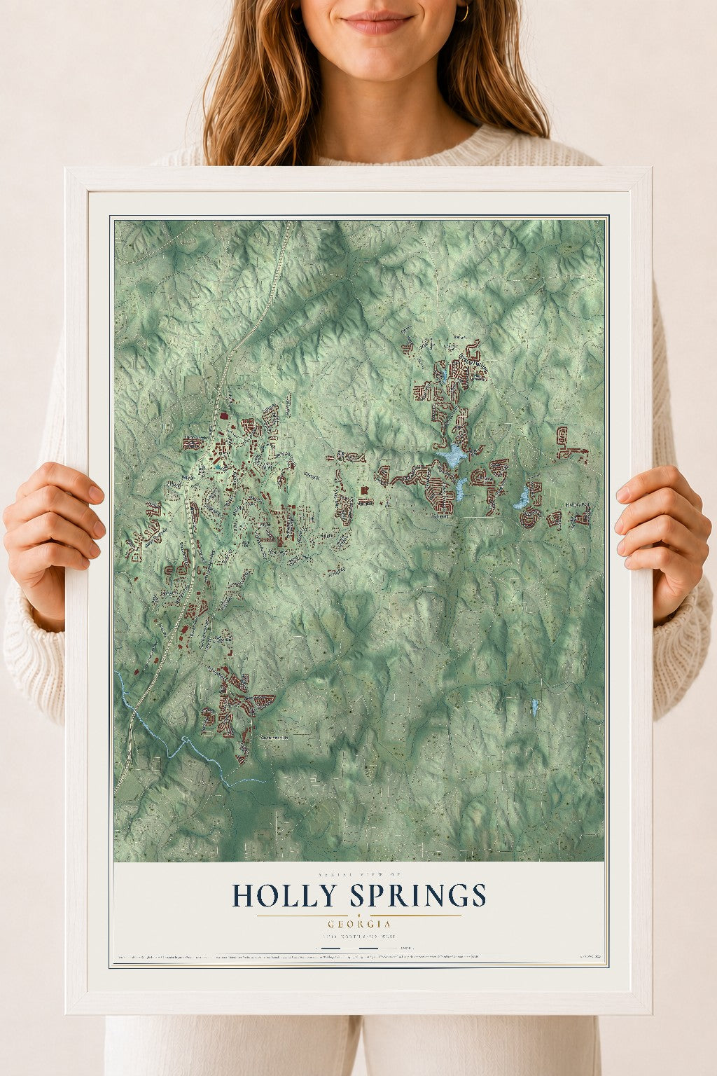 Holly Springs, Georgia map print, 18" x 24" W/ White Ayous Wood Frame mockup