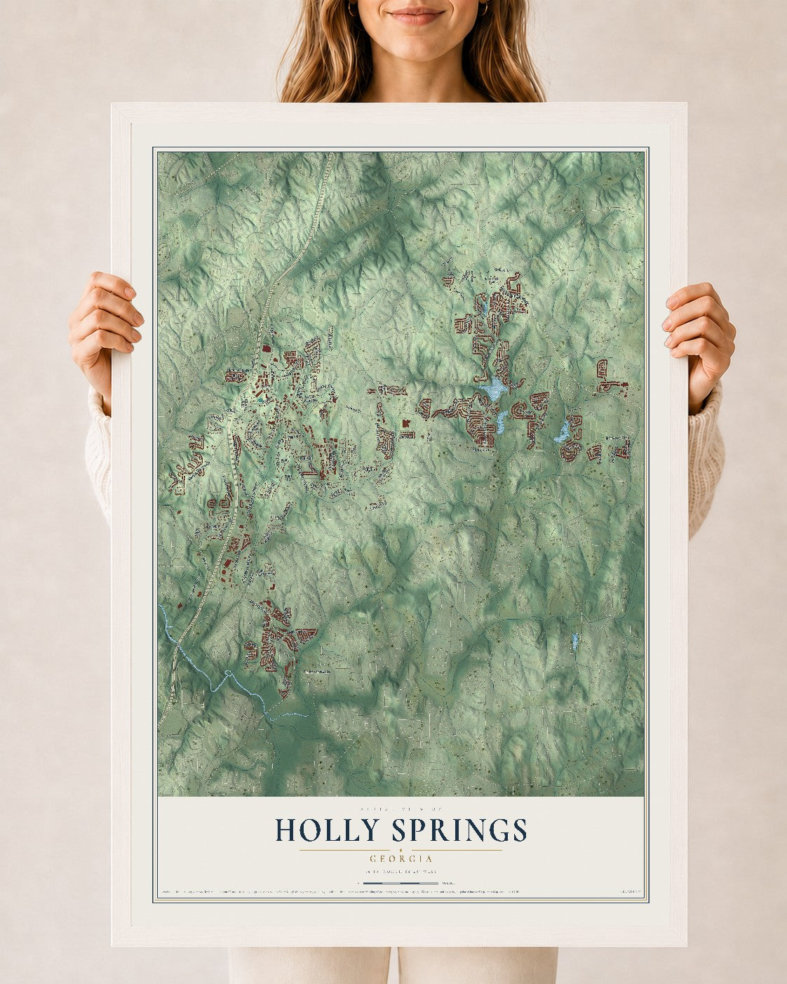 Holly Springs, Georgia map print, 24" x 36" W/ White Ayous Wood Frame mockup