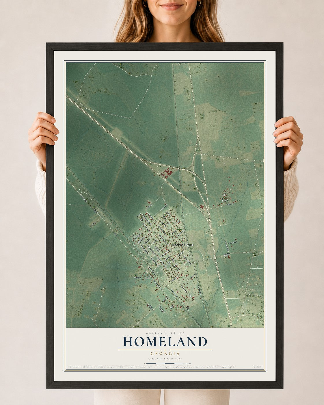 Homeland, Georgia map print, 24" x 36" W/ Black Ayous Wood Frame mockup