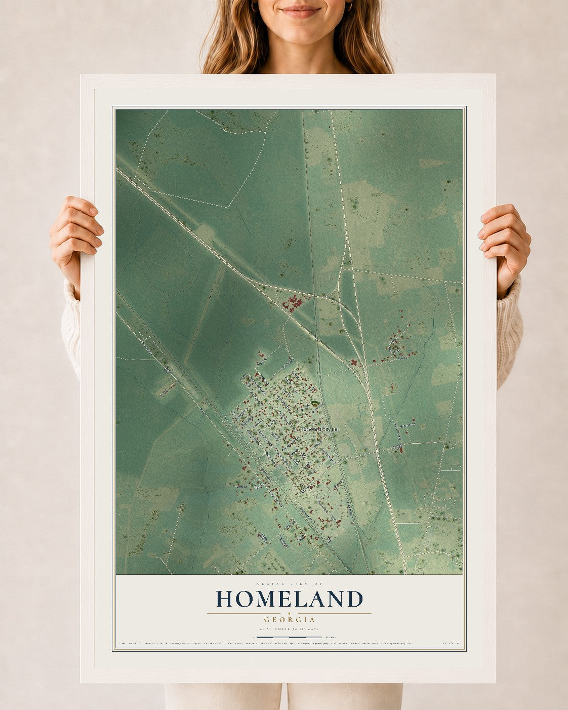 Homeland, Georgia map print, 24" x 36" W/ White Ayous Wood Frame mockup